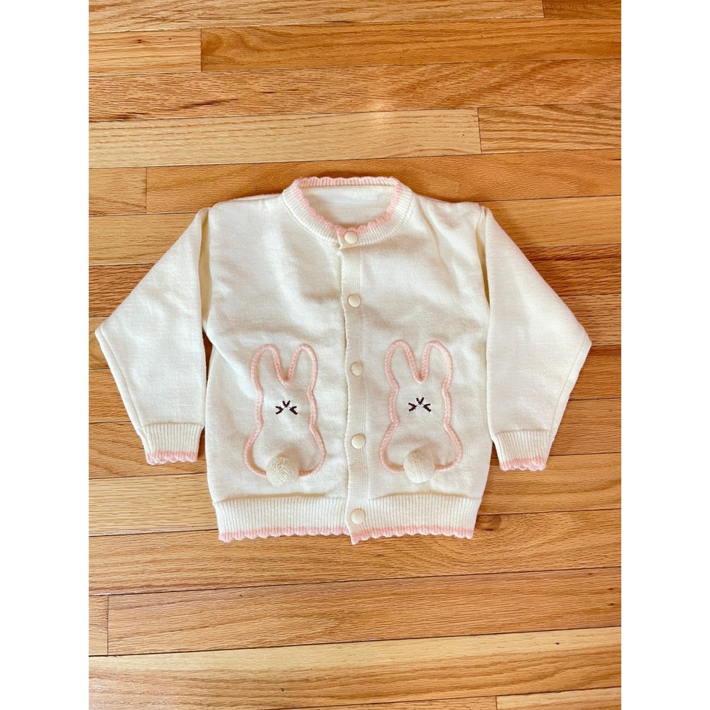 Toddler Girls Bunny Knit Cardigan Cream Pink Pom Pom‎ Sweater 2-3Y